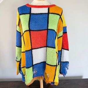 WILDFOX White Label Lennon Grid Sweater All Figured Out Distressed NEW XS